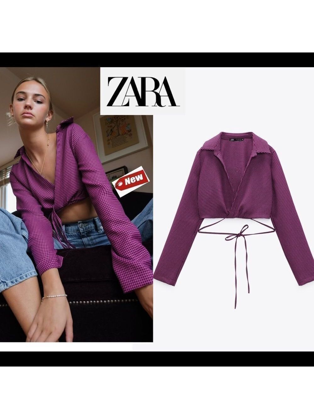 Zara purple Long sleeve V-neck houndstooth polo crop top Sz XXL NWT